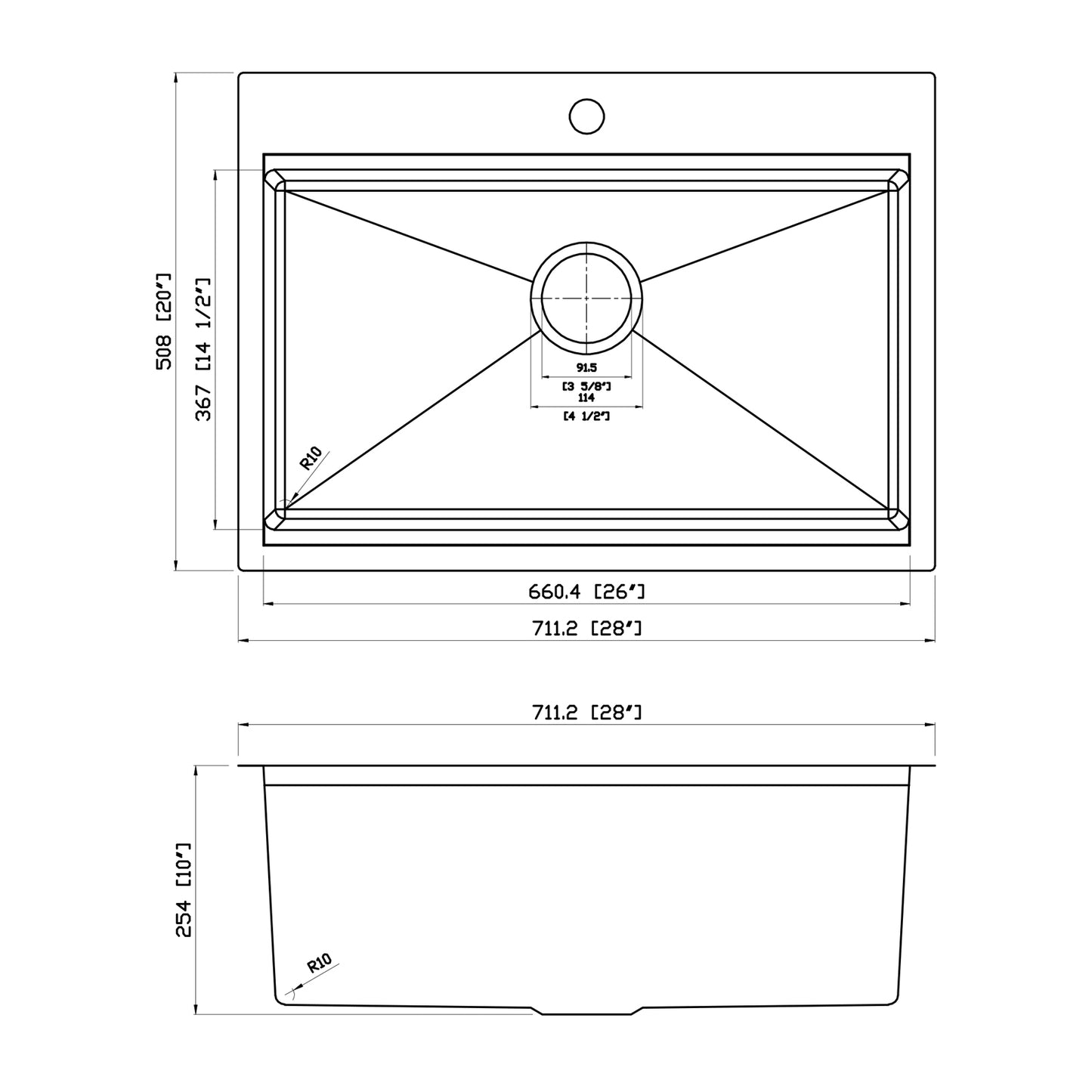 Yutong 28" x 20" Top-mount/Drop in Stainless Steel Single Bowl Topmount Workstation Kitchen Sink