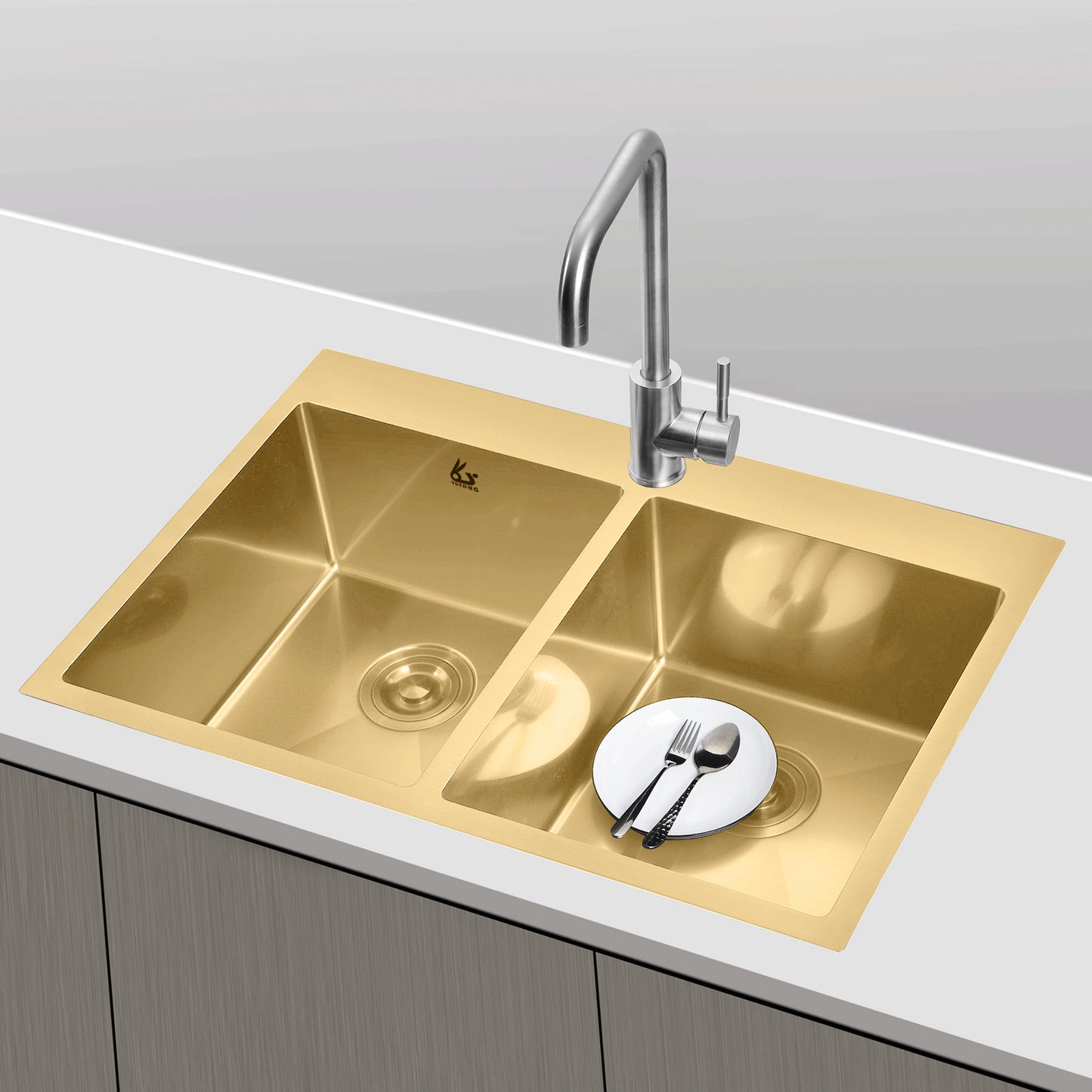 Yutong 30" x 20" Top-mount/Drop in Stainless Steel Double Bowl Kitchen Sink gold