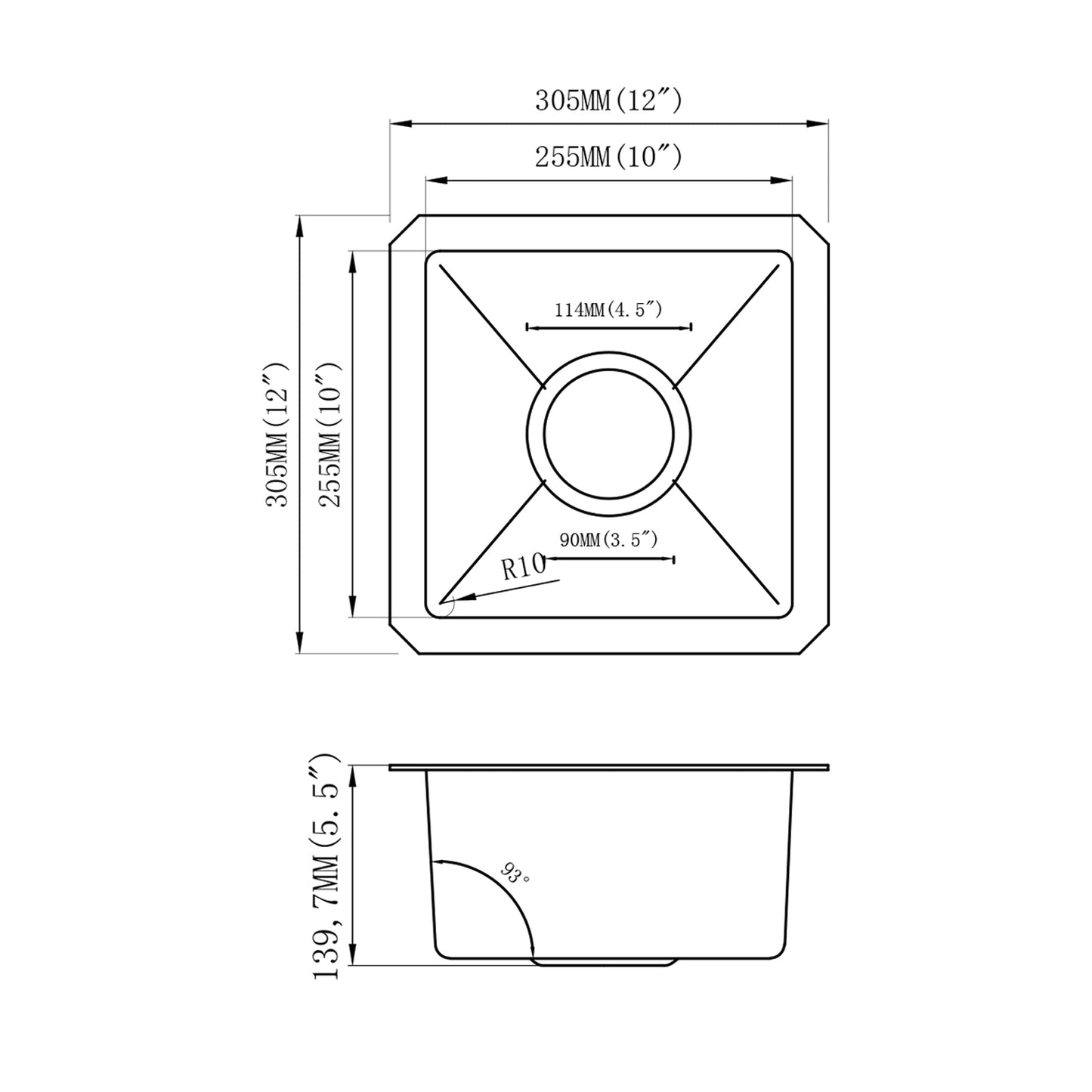 Yutong 12" x 12" Undermount Stainless Steel Single Bowl 18 Gauge Kitchen Bar Sink