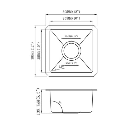 Yutong 12" x 12" Undermount Stainless Steel Single Bowl 18 Gauge Kitchen Bar Sink