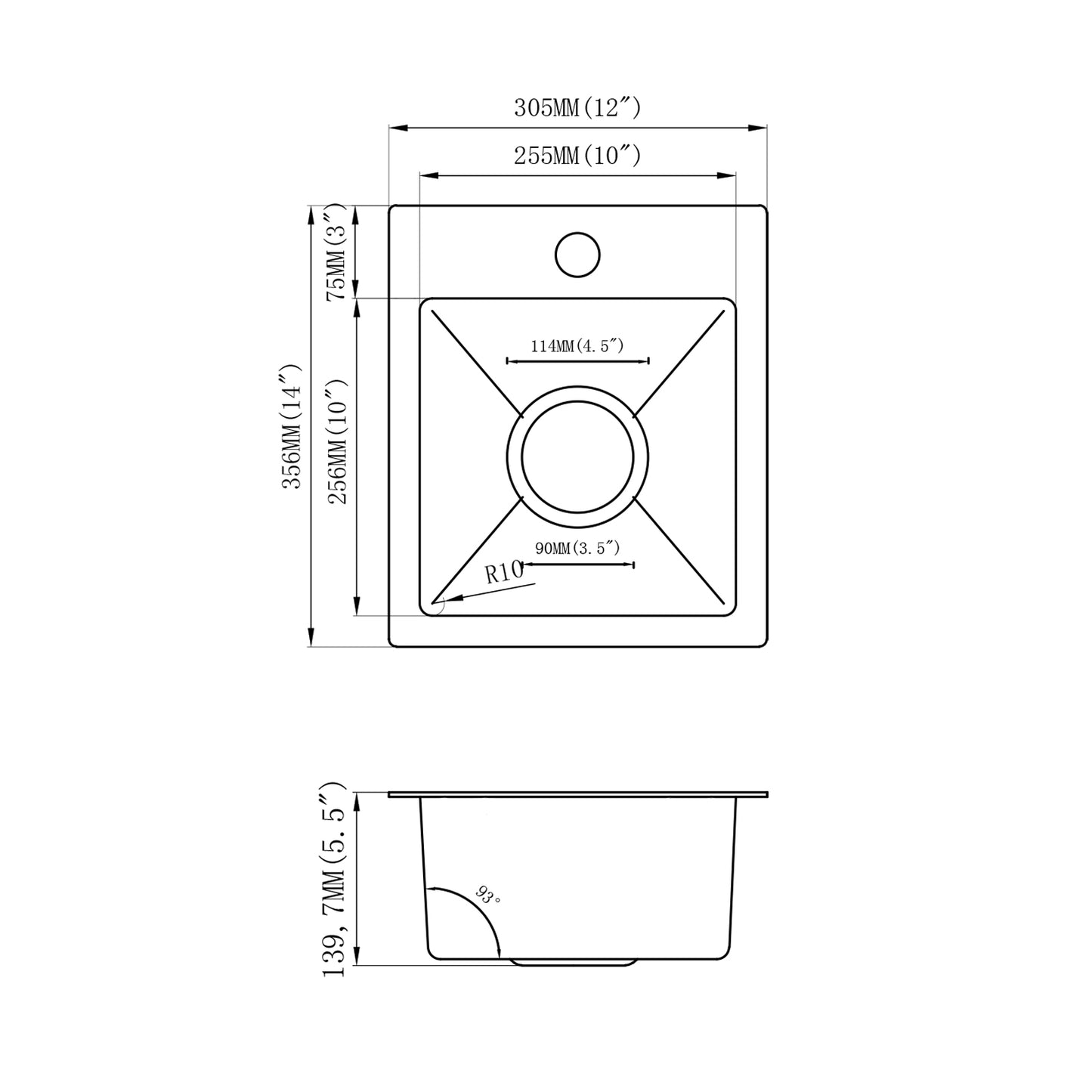 Yutong 12" x 14"  Top-mount/Drop in Stainless Steel Single Bowl Kitchen Sink