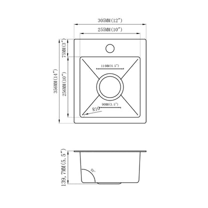 Yutong 12" x 14"  Top-mount/Drop in Stainless Steel Single Bowl Kitchen Sink