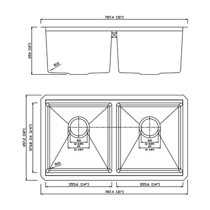 Yutong 31" x 18" Undermount Stainless Steel Double Bowl 18 Gauge Undermount Workstation Kitchen Sink