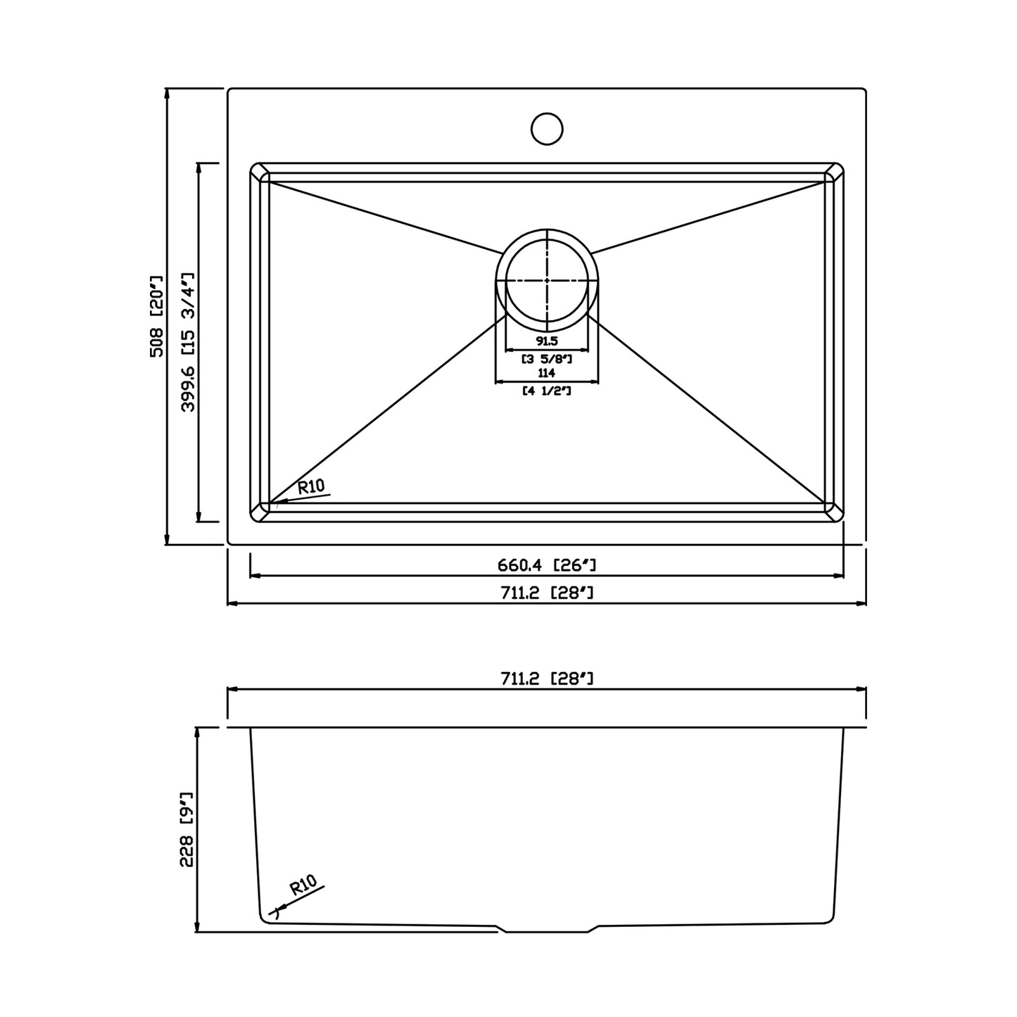 Yutong 28" x 20"  Top-mount/Drop in Stainless Steel Single Bowl Kitchen Sink