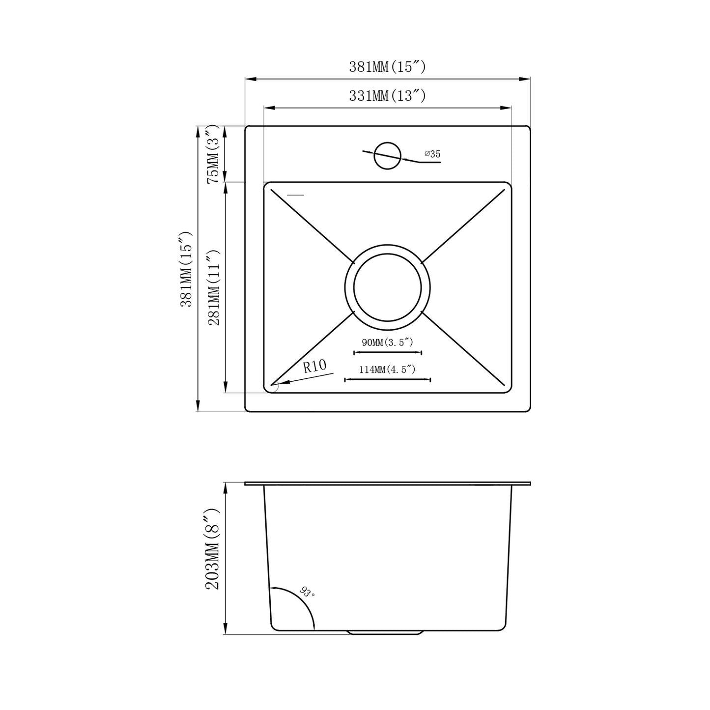 Yutong 15" x 15"  Top-mount/Drop in Stainless Steel Single Bowl Kitchen Sink