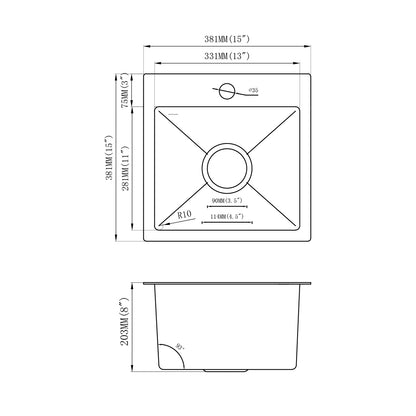 Yutong 15" x 15"  Top-mount/Drop in Stainless Steel Single Bowl Kitchen Sink