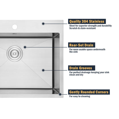 Yutong 31" x 20"Top-mount/Drop in Stainless Steel Double Bowl Topmount Workstation Kitchen Sink