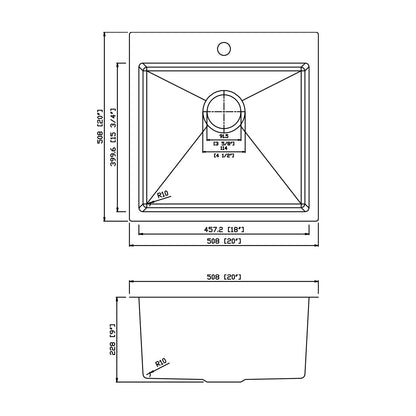 Yutong 20" x 20"  Top-mount/Drop in Stainless Steel Single Bowl Kitchen Sink