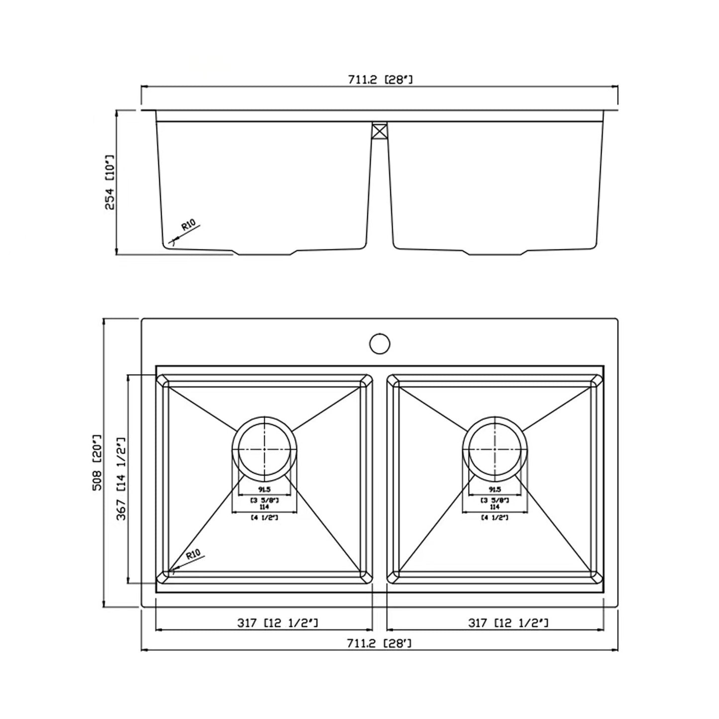 Yutong 28" x 20"  Top-mount/Drop in Stainless Steel Double Bowl Kitchen Sink