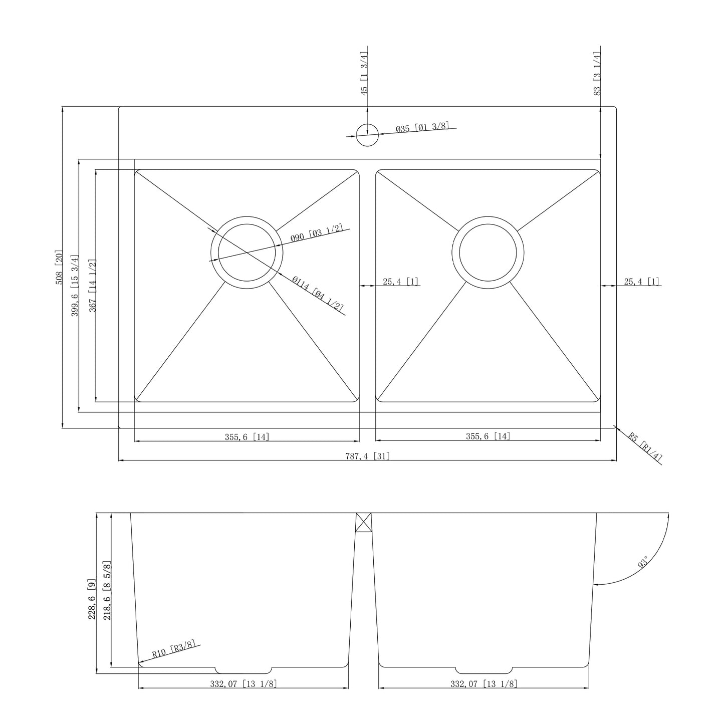 Yutong 31" x 20"Top-mount/Drop in Stainless Steel Double Bowl Topmount Workstation Kitchen Sink