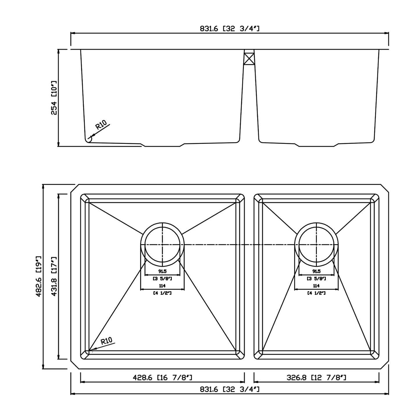 Yutong 32 3/4" x 19" Undermount Stainless Steel Double Bowl 18 Gauge Kitchen Bar Sink