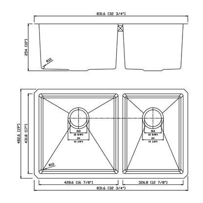 Yutong 32 3/4" x 19" Undermount Stainless Steel Double Bowl 18 Gauge Kitchen Bar Sink