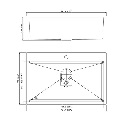 Yutong 31" x 20" Top-mount/Drop in Stainless Steel Single Bowl Kitchen Sink