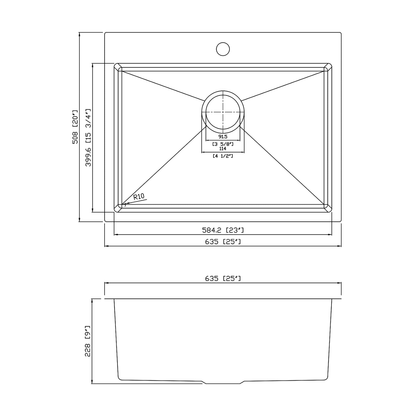 Yutong 25" x 20"  Top-mount/Drop in Stainless Steel Single Bowl Kitchen Sink