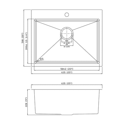 Yutong 25" x 20"  Top-mount/Drop in Stainless Steel Single Bowl Kitchen Sink