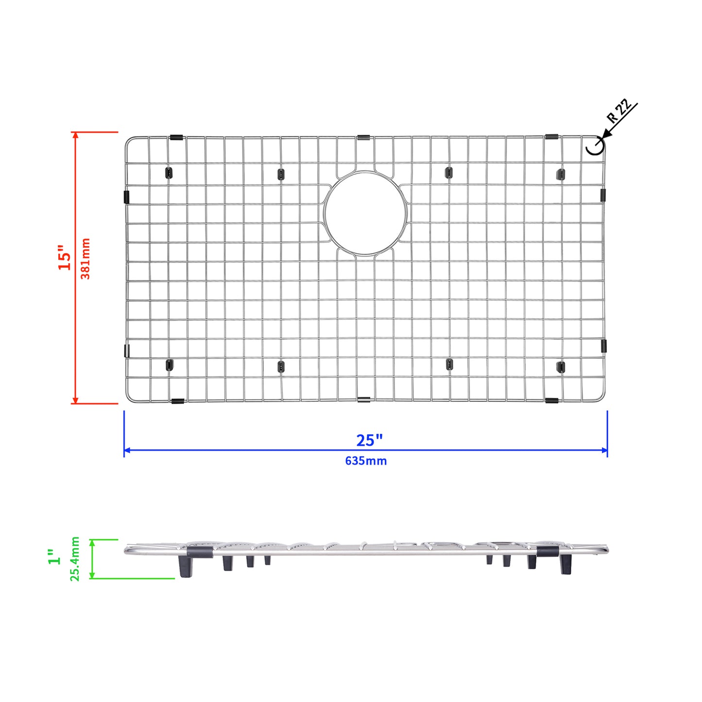 Yutong Kitchen Stainless Steel Sink Bottom Grid with Small Rounded Corner size 25"x15"